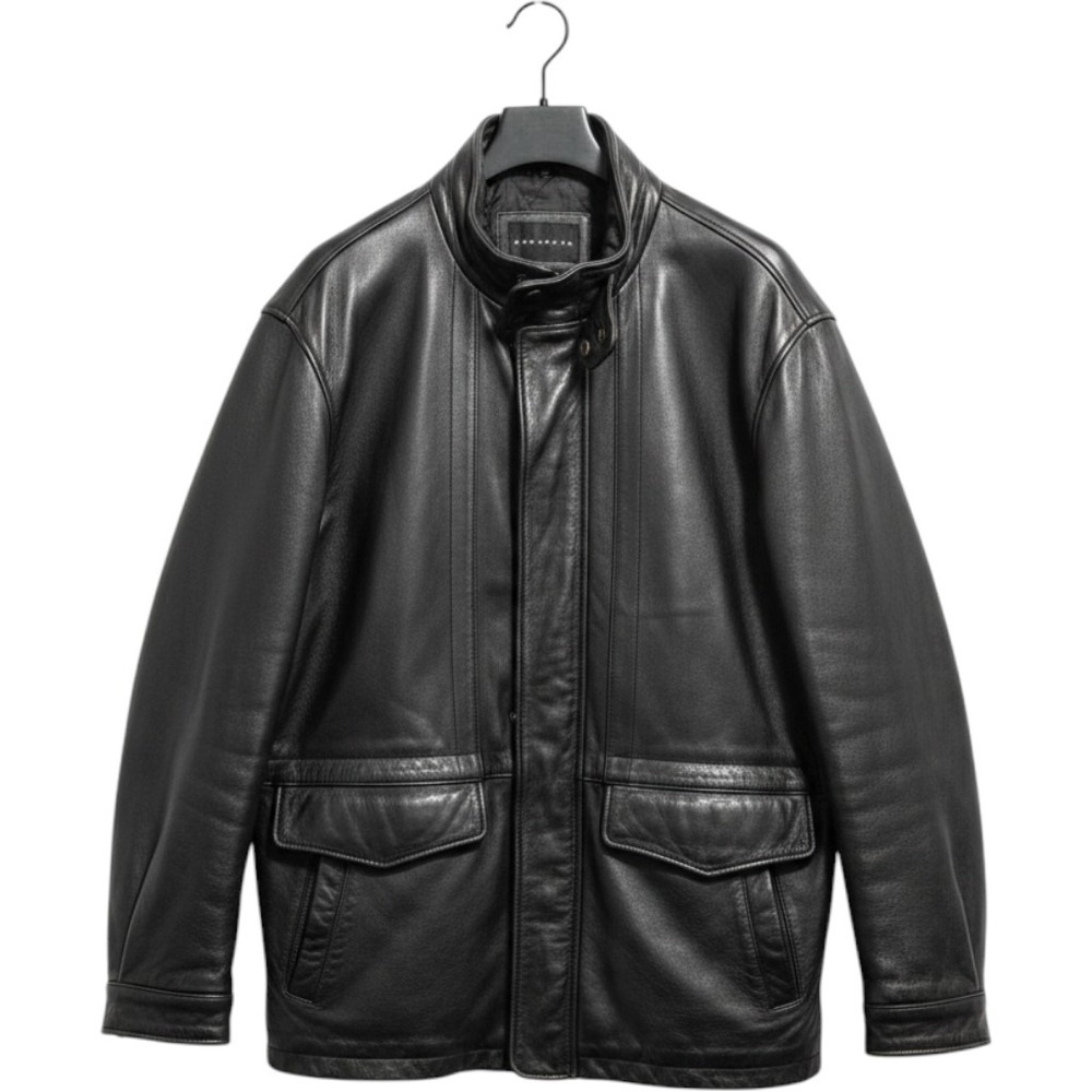 Baracuta Mens Black Leather Jacket XL Quilted Lined Full Zip Field Coat Pockets